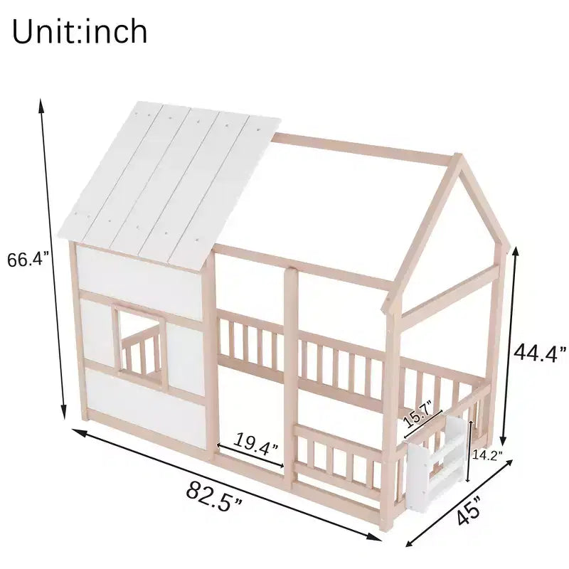 Cadre de lit au sol Whisen Twin Size, lit en forme de maison avec toit, clôture