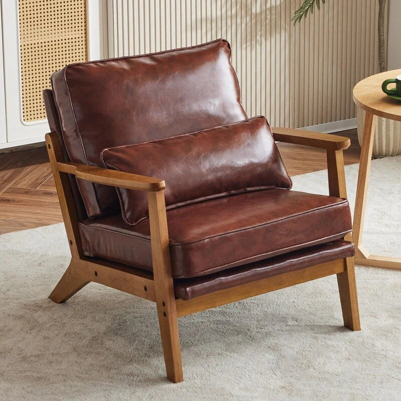 Fauteuil d'appoint rembourré en mélange de lin avec pieds en bois et un oreiller beige