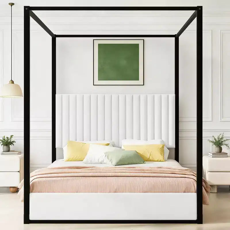 Lit plateforme à baldaquin moderne grand format Luxystar avec tête de lit rembourrée, noir