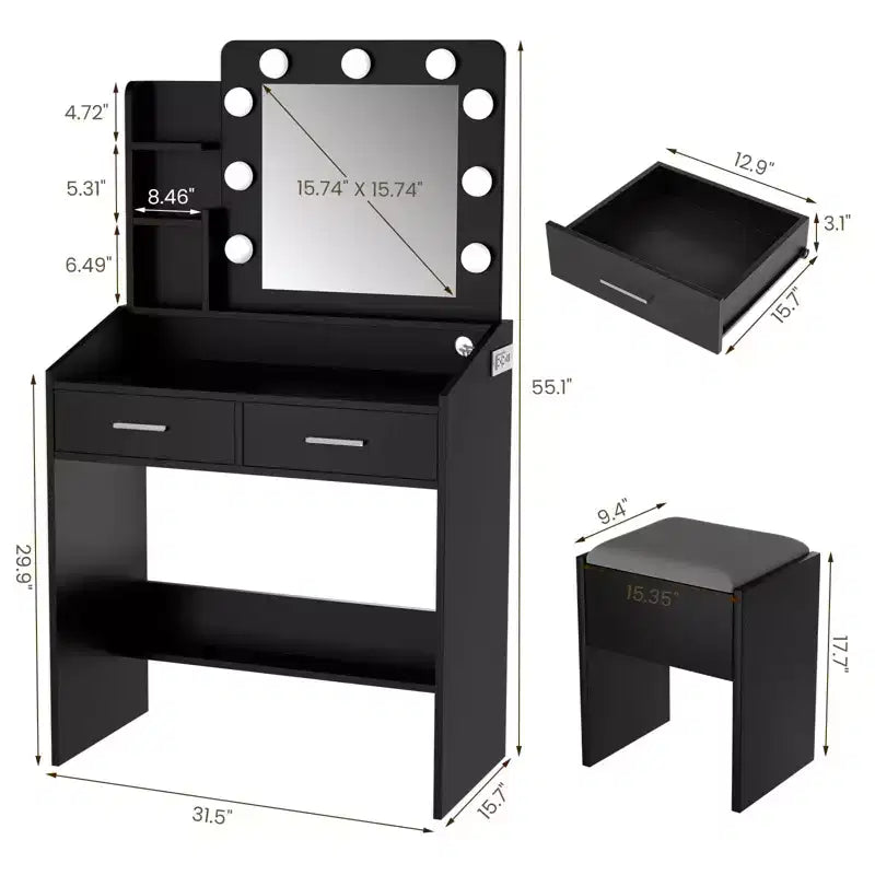 Coiffeuse de Maquillage avec Lumières, Bureau de Maquillage avec Miroir et Lumières, Grand Tiroir et Armoire de Rangement à Deux Étages, 3 Modes d'Éclairage