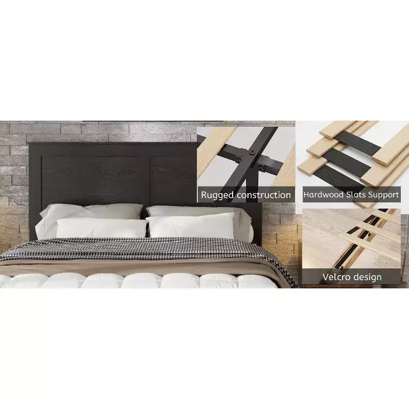 Cadre de lit en bois, taille double/grand lit/très grand lit, silencieux, pas besoin de sommier tapissier, outils de montage faciles, grand rangement sous le lit, noir foncé