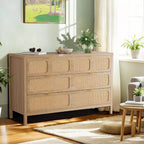 Commode à 6 tiroirs en rotin, poignées en métal, pieds en bois, style bohème et ferme, rangement chêne pour chambre, salon, couloir, entrée