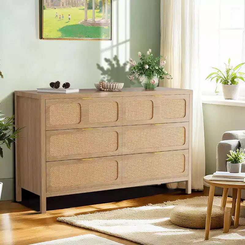Commode à 6 tiroirs en rotin, poignées en métal, pieds en bois, style bohème et ferme, rangement chêne pour chambre, salon, couloir, entrée