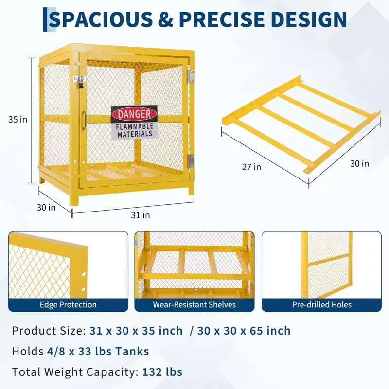 Armoires de rangement de matières dangereuses 31x30x35 pouces, verrouillables, robustes pour 4 bouteilles de propane, conformes à l'OSHA, cage pour réservoir de gaz, garde-corps antidérapants, acier jaune