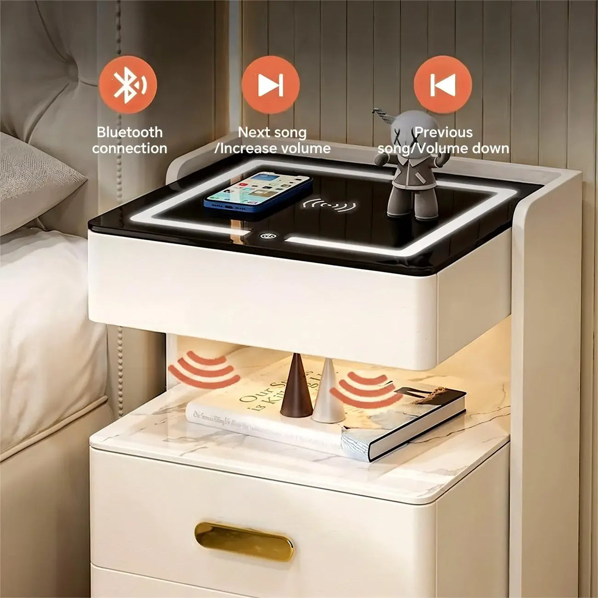 Table de chevet avec rangement à tiroirs, recharge sans fil et éclairage LED