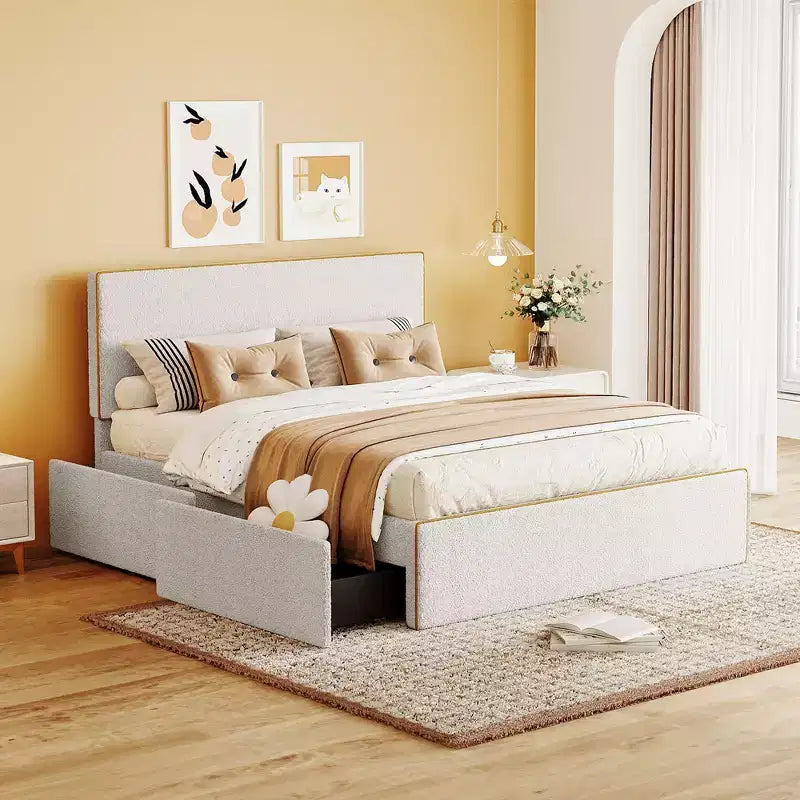 Cadre de lit plateforme grand lit/queen avec 4 tiroirs, aucun sommier tapissier requis, lit rembourré avec tête et pied de lit décorés en or, facile à assembler.
