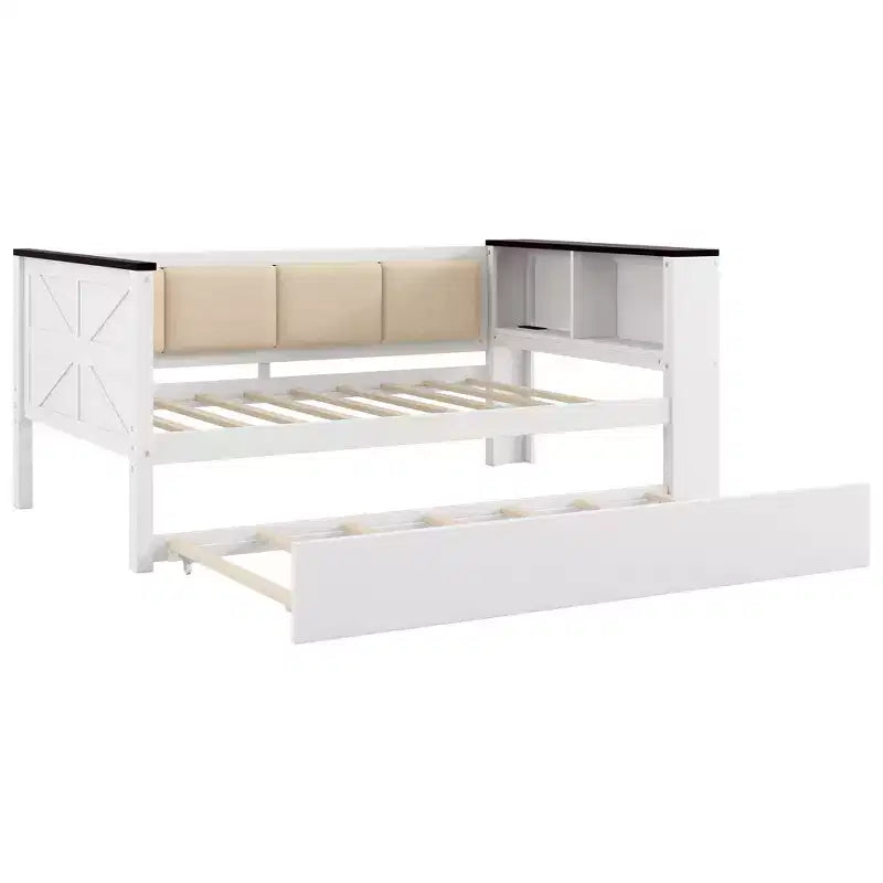 Lit de repos en bois double/complet avec étagères de rangement et lit gigogne, lit de repos avec dossier rembourré et USB