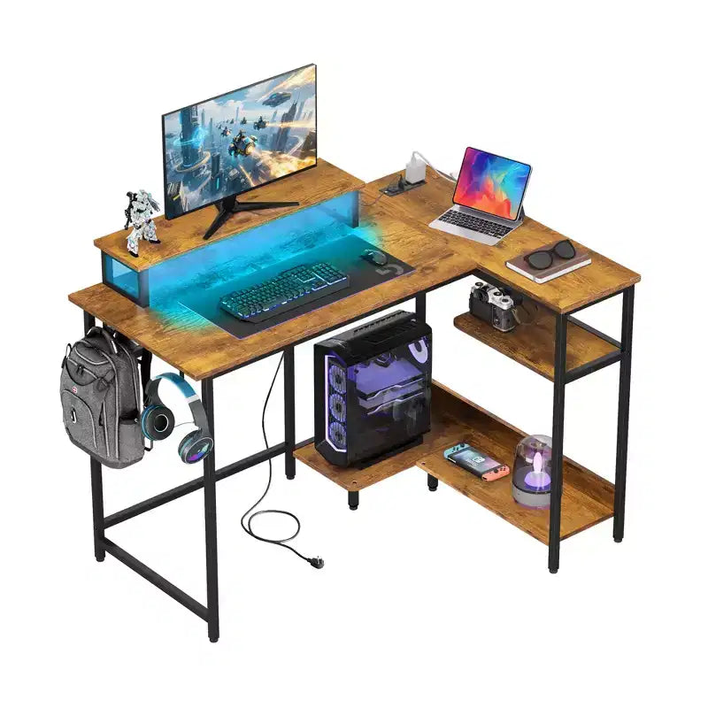 Bureau de jeu GALAXHERO 43 pouces en L, petit bureau d'angle pour ordinateur avec prises de courant, lumières LED et support d'écran, bureau pour chambre