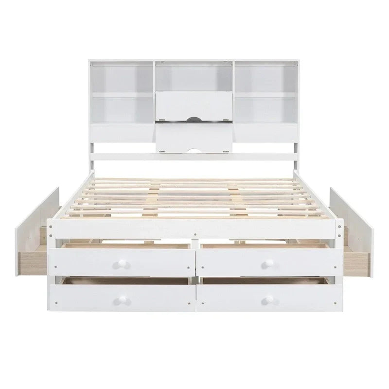 Lit plateforme King Size avec tête de lit de rangement et 8 tiroirs