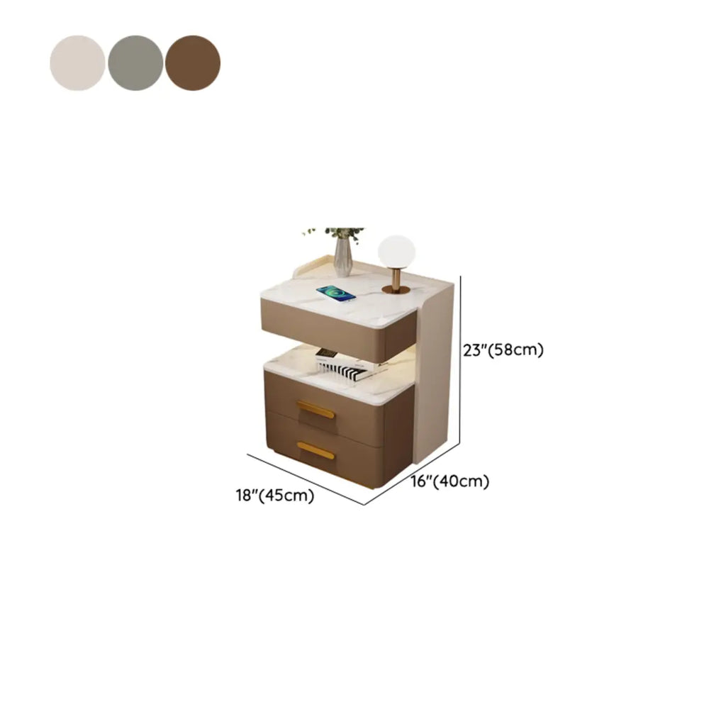 Table de chevet avec rangement à tiroirs, recharge sans fil et éclairage LED