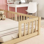 Lit double Bellemave avec barrières de sécurité, en pin et bois composite, naturel et gris, sûr, robuste, peu encombrant, assemblage facile pour enfants