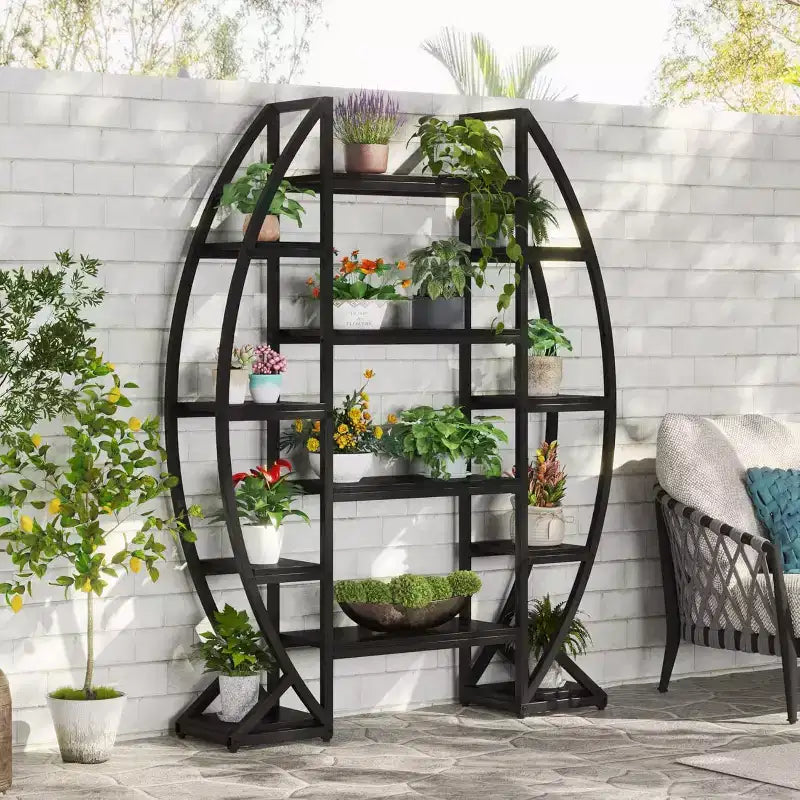 Lantine Étagère à plantes incurvée à 8 niveaux pour l'intérieur, étagère industrielle en métal de 175 cm de haut pour salon, balcon, terrasse, noire