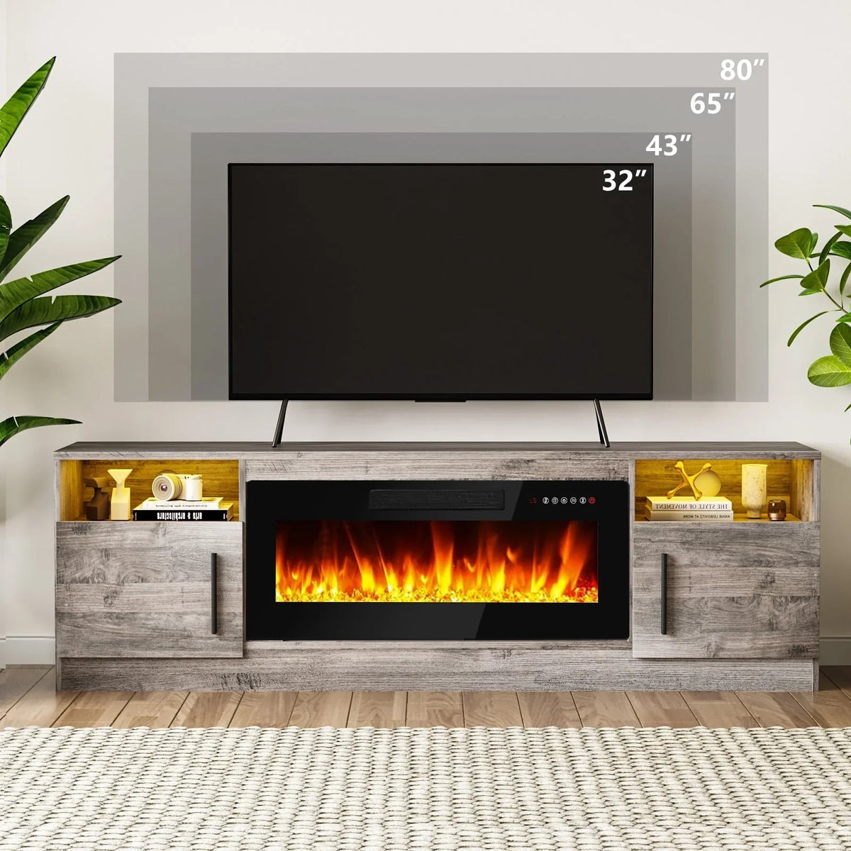 Meuble TV cheminée Bossin 70 avec cheminée électrique 36, meuble TV pour téléviseurs jusqu'à 80 pouces, lumières LED 16 couleurs/centre de divertissement
