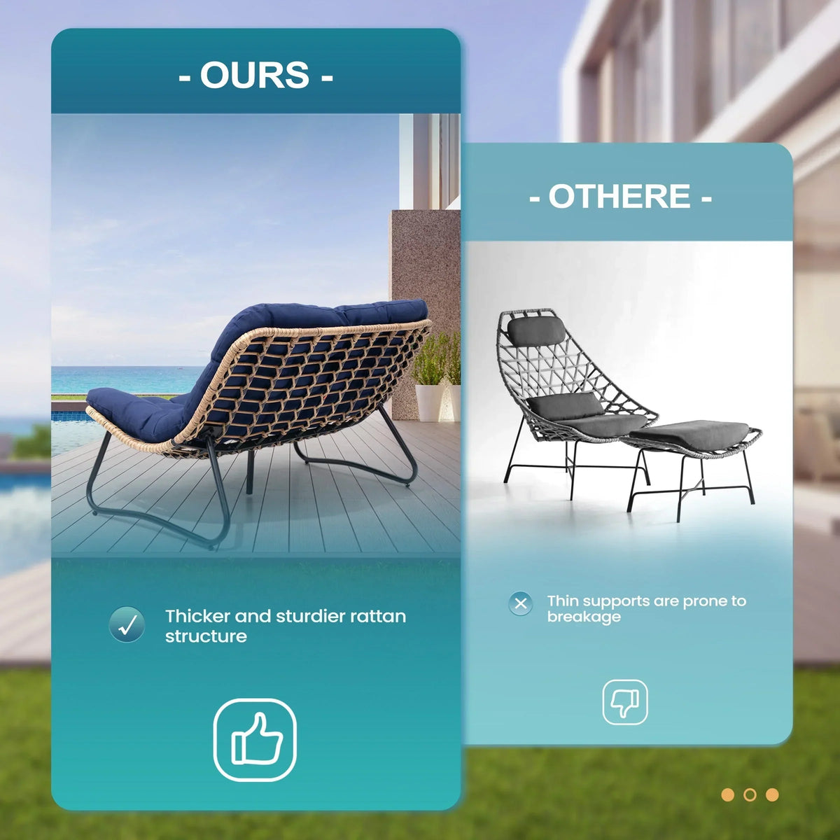 Causeuse double Papasan avec coussin, rotin PE tout temps et cadre en métal pour l'intérieur et l'extérieur