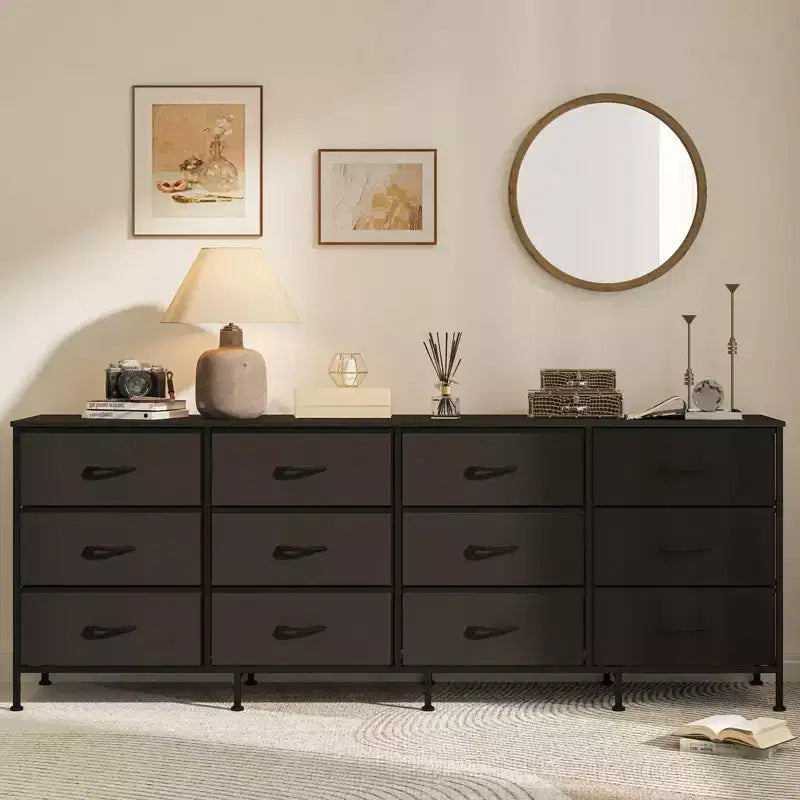 Commode avec 12 tiroirs en tissu et station de charge | Meuble TV extra large pour téléviseurs de 65 à 80 pouces, meuble de rangement pour salon, chambre