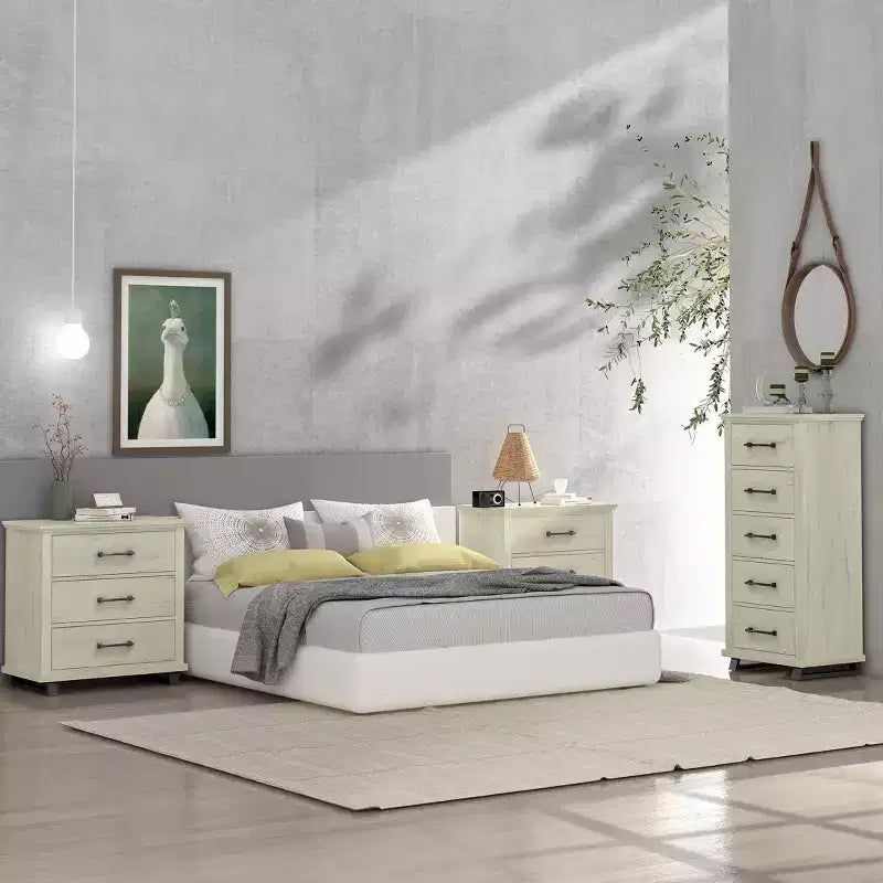 Festivo Ensemble Contemporain 3 pièces Commode 5 tiroirs 24 et Table de Chevet 3 tiroirs Blanc cassé Scié : MDF, Pieds en Métal, Anti-basculement