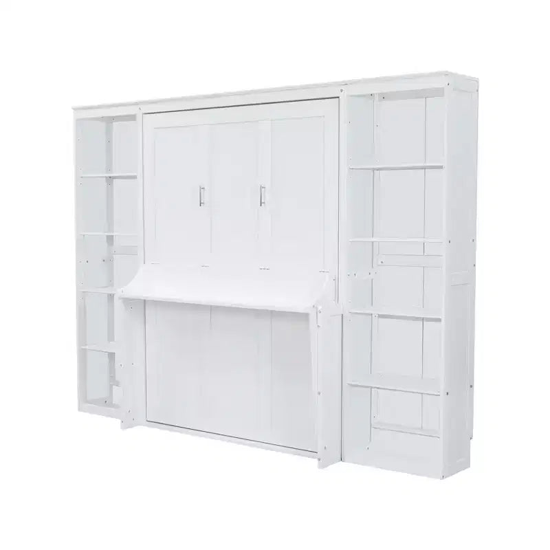 Lit escamotable en bois Queen/Grand avec bureau et étagères de rangement, blanc -ModernLuxe
