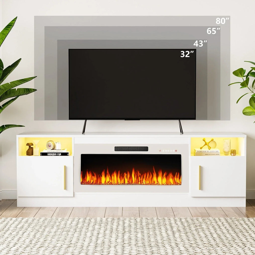 Meuble TV cheminée Bossin 70 avec cheminée électrique 36, meuble TV pour téléviseurs jusqu'à 80 pouces, lumières LED 16 couleurs/centre de divertissement