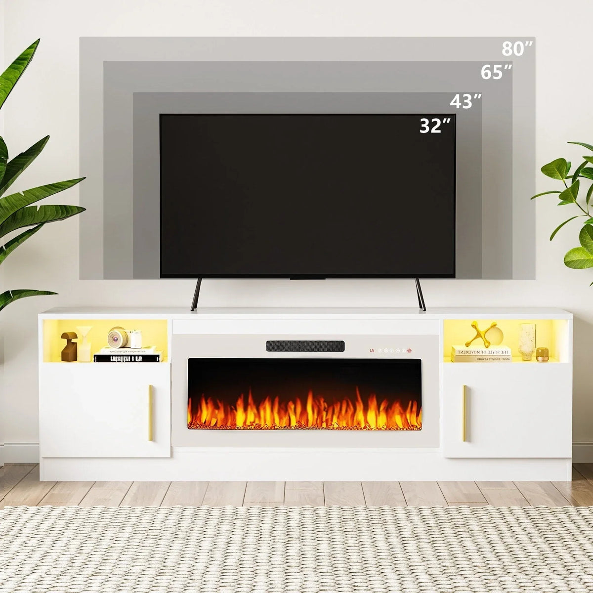 Meuble TV cheminée Bossin 70 avec cheminée électrique 36, meuble TV pour téléviseurs jusqu'à 80 pouces, lumières LED 16 couleurs/centre de divertissement