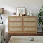 Commode à 6 tiroirs GustoWave pour chambre à coucher, commode en rotin de 133,8 cm de large, en bois avec poignées dorées, meuble TV de style ferme, table d'entrée, chiffonnier