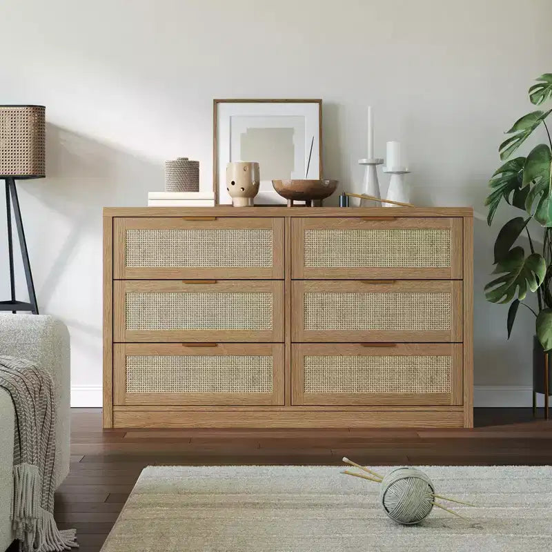 Commode à 6 tiroirs GustoWave pour chambre à coucher, commode en rotin de 133,8 cm de large, en bois avec poignées dorées, meuble TV de style ferme, table d'entrée, chiffonnier