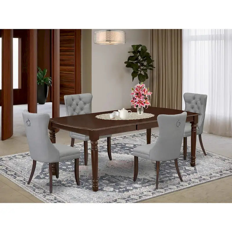 East West Furniture Ensemble de salle à manger composé d'une table rectangulaire en bois et de chaises rembourrées, acajou (options de pièces)