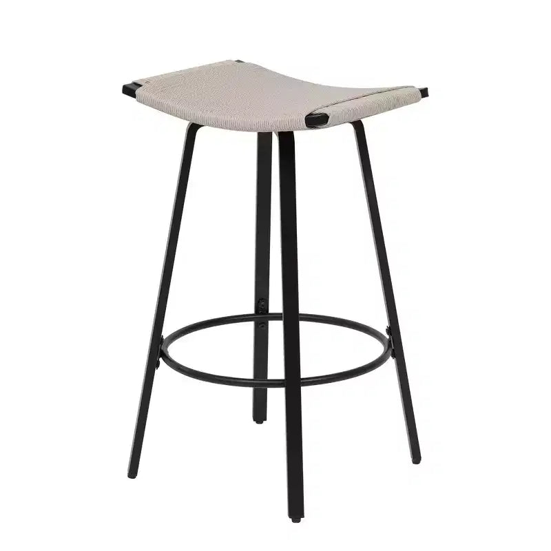 MAYEERTY Lot de 2 tabourets de bar sans dossier hauteur comptoir, PVC tressé, repose-pieds rond, utilisation intérieure/extérieure Noir Blanc Crème