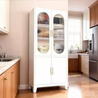 COZONY Armoire de cuisine moderne avec portes en verre cannelé, Armoire de rangement de cuisine de 180 cm, Buffet de rangement en métal pour salle à manger et organisateur de cuisine