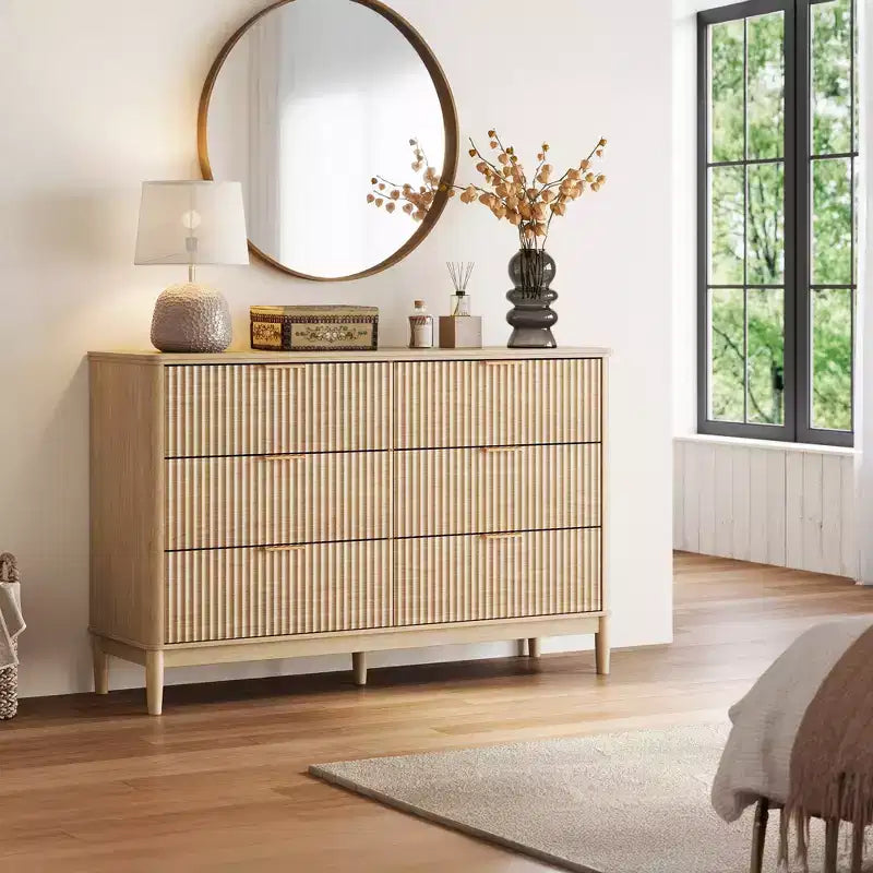 Commode LINSY HOME à 6 tiroirs cannelés pour chambre à coucher, grande commode de style moderne du milieu du siècle avec poignées en métal doré, commodes larges en bois de style bohème