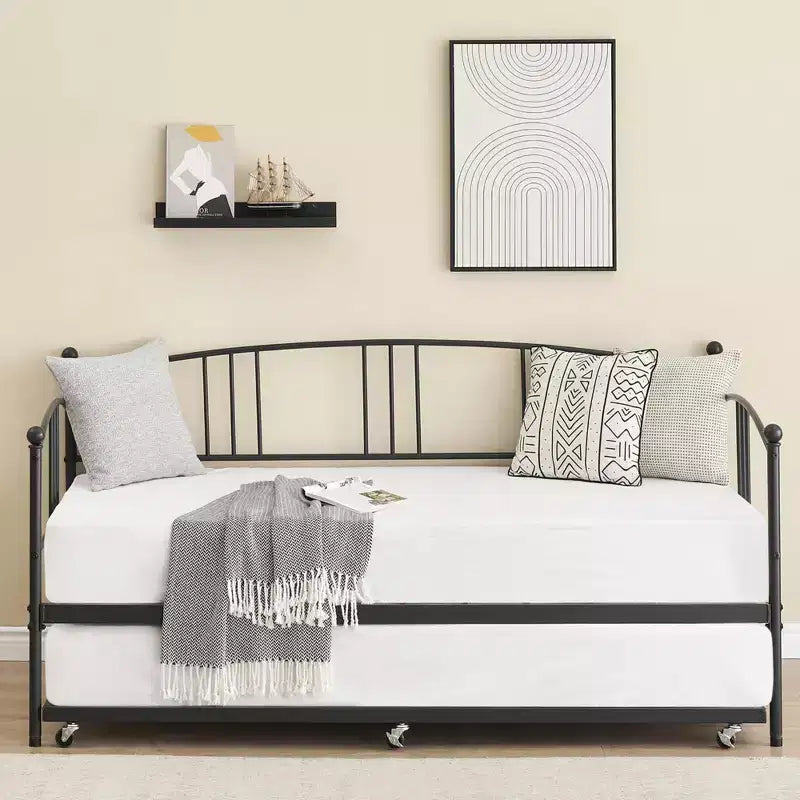Lit de repos COZONY avec lit gigogne, lit de jour double en métal avec lattes en acier, tête de lit arquée, lit d'appoint peu encombrant pour salon et chambre, noir