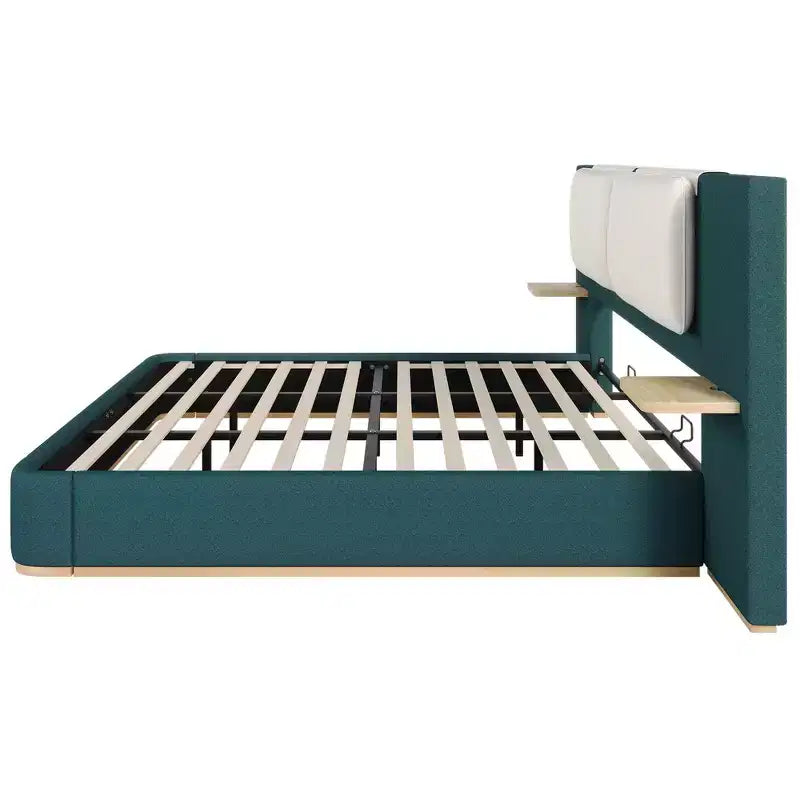 Cadre de lit plateforme capitonné Whisen King Size avec étagères de rangement latérales, tête de lit et panneau en PU doux, anti-collision, assemblage facile