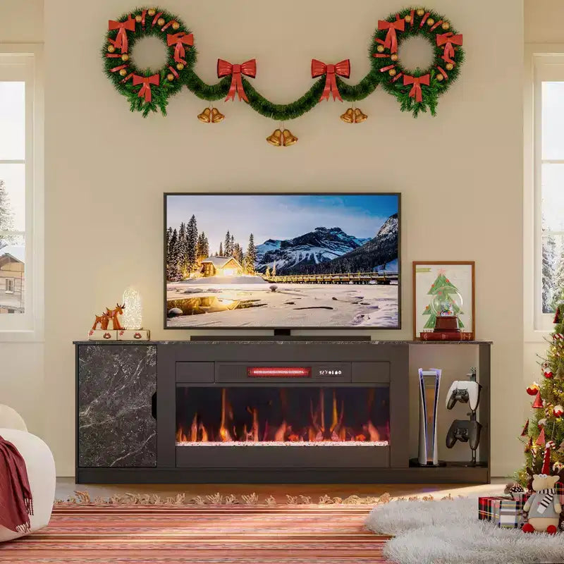 Meuble TV moderne Bestier avec cheminée et 70 LED, pour téléviseurs jusqu'à 80 pouces, console TV de jeu PS5 avec cheminée 36 pouces et placard pour salon