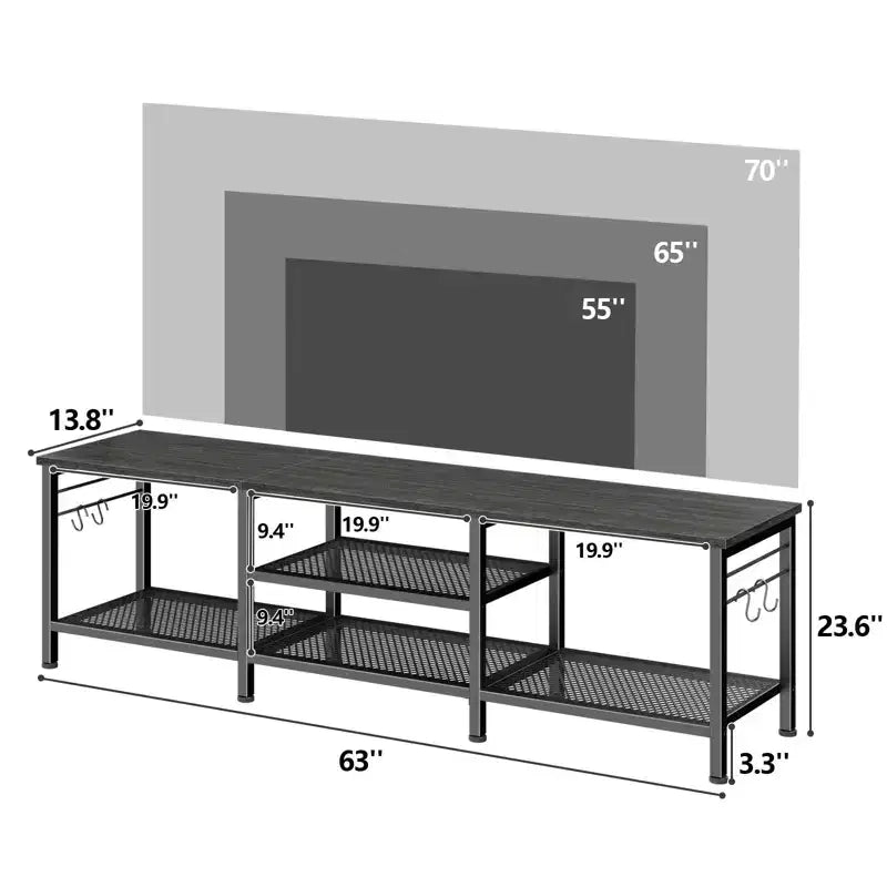 Qwatto Meuble TV chêne noir 160 cm pour TV jusqu'à 70 pouces, meuble console de divertissement avec étagère pour barre de son, étagères de rangement ouvertes, décoration de salon