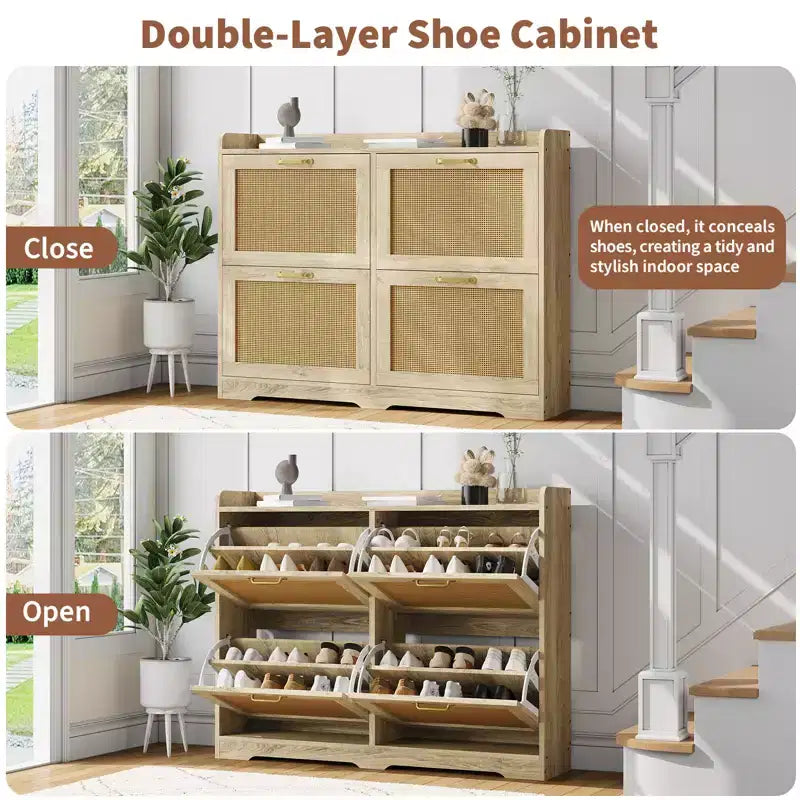 Meuble à chaussures avec 4 tiroirs à abattant, organisateur de rangement dissimulé haute capacité, étagère à chaussures en bois autoportante élégante et simple pour entrée, couloir, vestibule