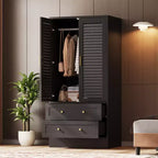Armoire penderie à persiennes de 165 cm, Meuble de rangement en bois avec 2 portes et 2 tiroirs, Armoire de chambre avec tringle de suspension