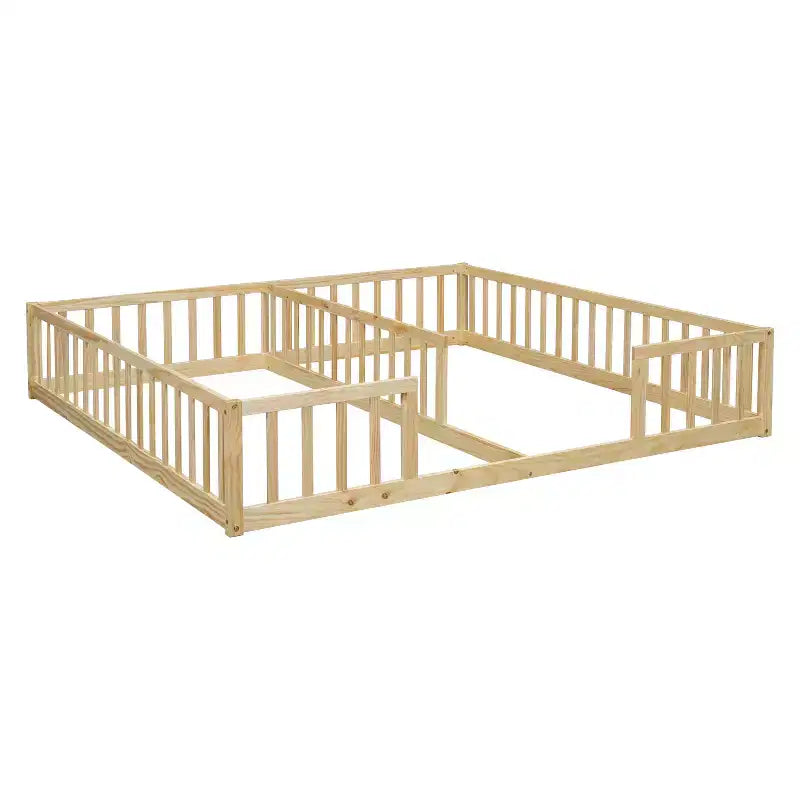Lit double Bellemave avec barrières de sécurité, en pin et bois composite, naturel et gris, sûr, robuste, peu encombrant, assemblage facile pour enfants