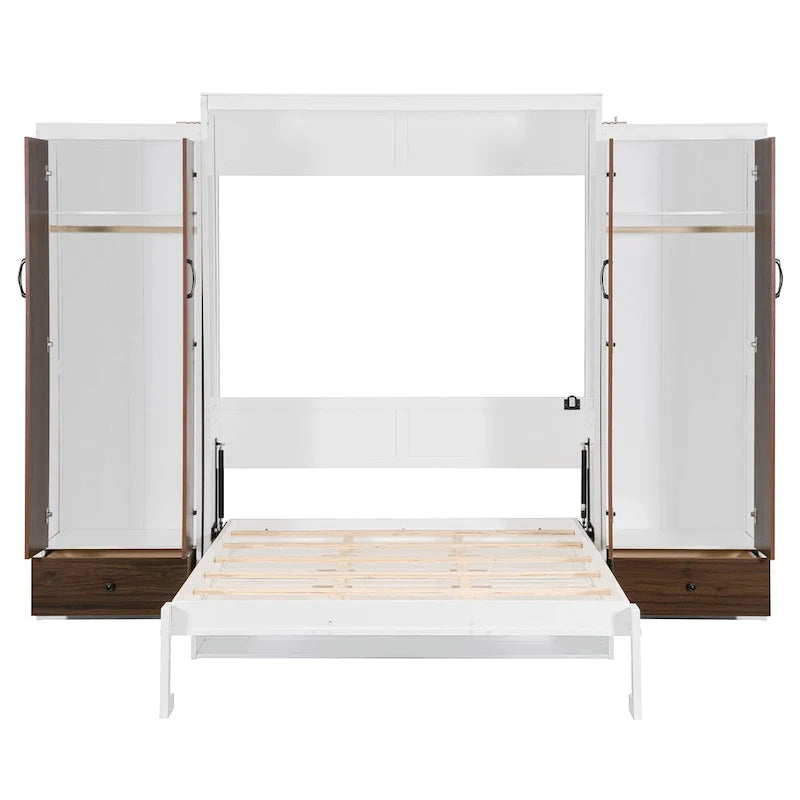 Lit escamotable mural avec armoire, tiroirs, éclairage LED et bureau