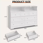 Commode en bois à 7 tiroirs avec station de recharge USB et lumières LED - Coiffeuse moderne avec 2 niches ouvertes pour chambre à coucher, salon, placard ou chambre d'enfant
