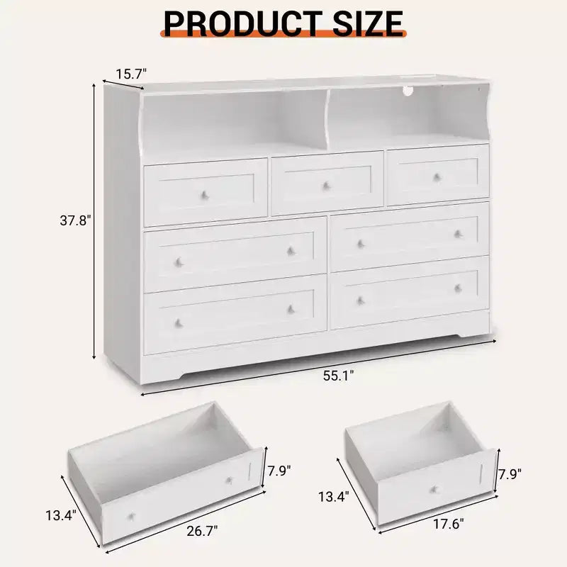 Commode en bois à 7 tiroirs avec station de recharge USB et lumières LED - Coiffeuse moderne avec 2 niches ouvertes pour chambre à coucher, salon, placard ou chambre d'enfant
