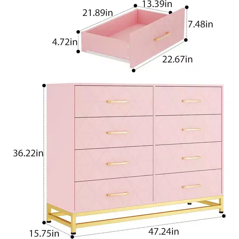 Commode de chambre avec 8 tiroirs, commode de meuble TV, grande commode en bois pour le rangement et l'organisation.