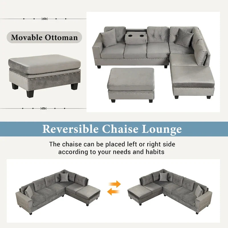 Canapé d'angle moderne 7 places avec pouf de rangement 105