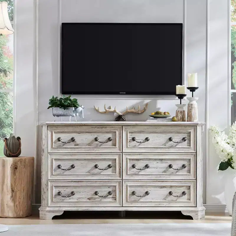 Commode à 6 tiroirs SinCiDo pour chambre à coucher, commode rustique en bois de style ferme, commode vintage de 54 po de largeur pour salon