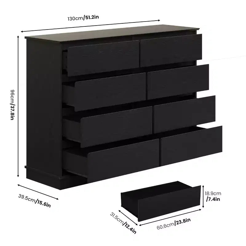 Commode double COZONY 51 po de large à 8 tiroirs – Grande commode horizontale avec tiroirs profonds et plateau large pour chambre, dressing, salon et couloir
