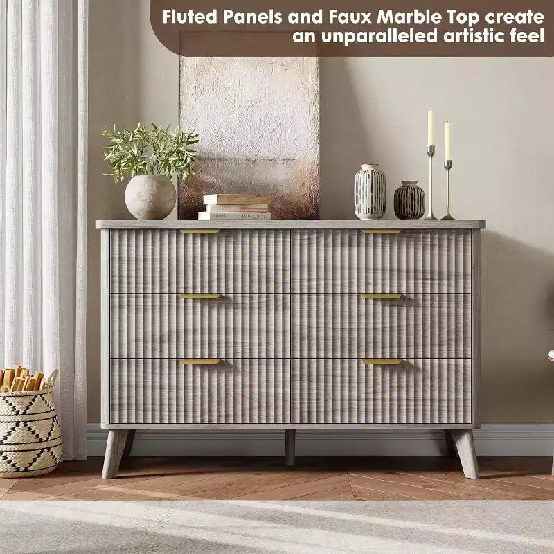 Commode 6 tiroirs pour chambre à coucher, commode de 120 cm de large avec profil incurvé, tiroirs en bois cannelé, commode moderne pour salon