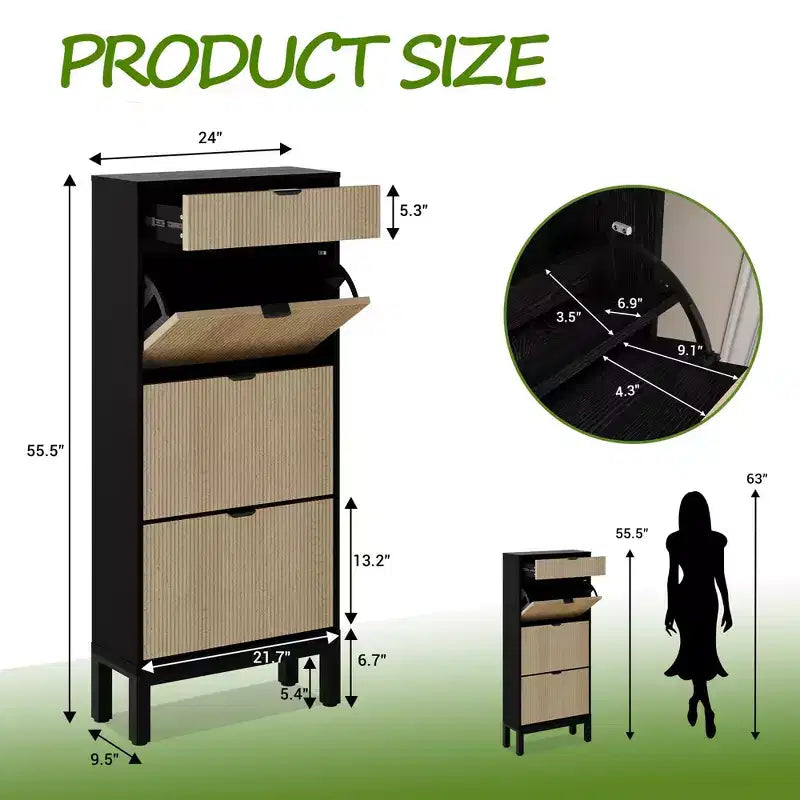 Meuble à chaussures GustoWave avec 3 portes basculantes et 1 tiroir, Étagère à chaussures en bois avec pieds en fer, Meuble de rangement à chaussures étroit, Organisateur de chaussures moderne avec cannelures