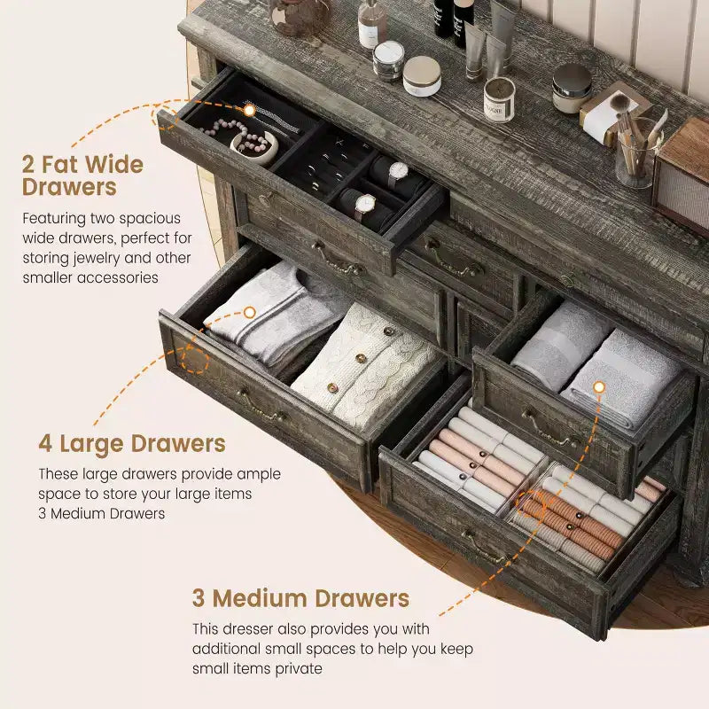Commode de Ferme à 9 Tiroirs pour Chambre à Coucher, Large Commode Rustique en Bois de 47" avec 9 Tiroirs et Poignées en Métal, Grand Organiseur de Rangement