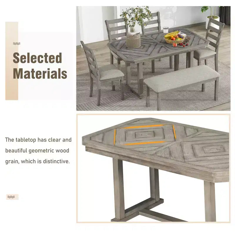 Ensemble de salle à manger 6 places avec plateau de table effet bois, ensemble de table de cuisine avec chaises et banc