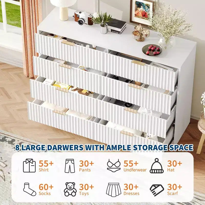 COZONY Commode cannelée à 8/9 tiroirs - Grand meuble de rangement en bois avec poignées métalliques et dispositif anti-basculement pour chambre à coucher, salon, couloir