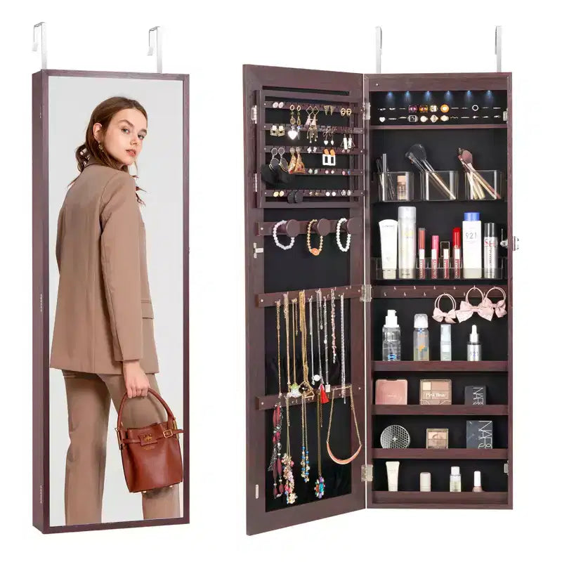 VEVOR Armoire à Bijoux avec Miroir, Armoire à Bijoux Verrouillable de 108 cm de Haut avec Miroir sur Pied, Miroir à Bijoux Mural ou à Suspendre à la Porte, Marron