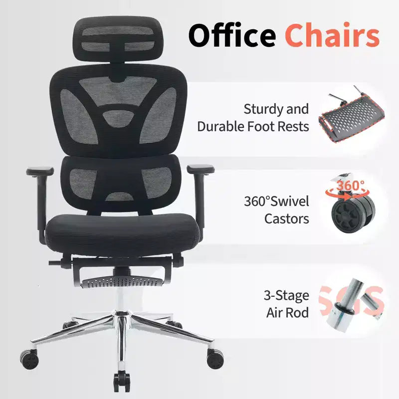 Chaise de bureau ergonomique en maille - Dossier haut, support lombaire réglable, appui-tête et repose-pieds rembourrés, siège large et respirant, chaise de bureau pivotante